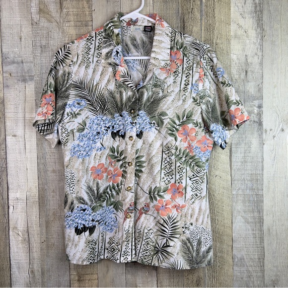 Tapestry Size Medium Floral Bird Tropical Button Front Short Sleeve Shirt - Picture 1 of 7